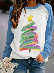 Cozy Christmas Tree Print Long Sleeve Crew Neck Pullover T-Shirt