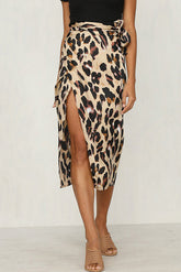 Bow Bandage Leopard Print High-waisted Slit Skirt