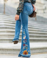 90s Vintage Floral Embroidery Side Flare Jeans
