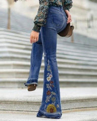 90s Vintage Floral Embroidery Side Flare Jeans