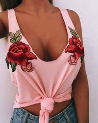 Floral Embroidery Asymmetrical Hem Tank Top