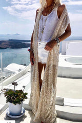 Shine Bright Sequins Open Front Maxi Kimono Coat