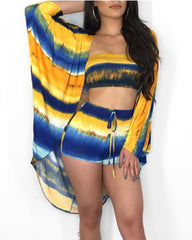 3 Piece Tie Dye Drawstring Waist Strapless Top & Shorts Set