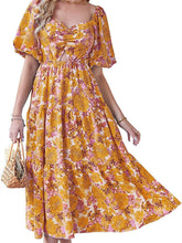 Summer Women's New Square Collar Bubble Short-sleeved Back Pleated Print Casual Wind Medium-length Dress Dress High Waist Puffy Dress