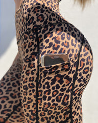 Leopard Print Pocket Side Butt Lifting Biker Shorts