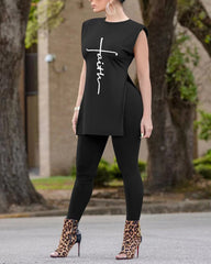Letter Print Split Side Sleeveless Top & Pants Set