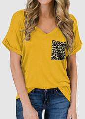 Leopard Printed Patchwork Pocket Design Short Sleeve T-shirt
