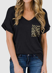 Leopard Printed Patchwork Pocket Design Short Sleeve T-shirt