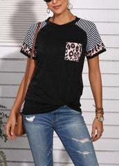 Leopard Printed Striped Patchwork Knot Round Neck Short Sleeve T-shirt