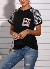 Leopard Printed Striped Patchwork Knot Round Neck Short Sleeve T-shirt