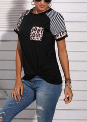 Leopard Printed Striped Patchwork Knot Round Neck Short Sleeve T-shirt