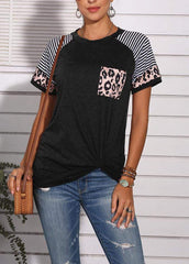 Leopard Printed Striped Patchwork Knot Round Neck Short Sleeve T-shirt