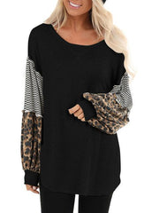 Leopard Stripes Print Lantern Sleeve Tops
