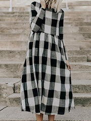 Long Sleeve Plaid Print Long Dress