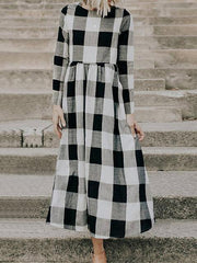Long Sleeve Plaid Print Long Dress