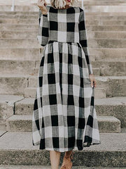 Long Sleeve Plaid Print Long Dress