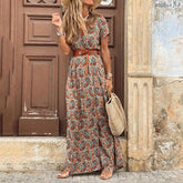 Casual V Neck Short Sleeve Retro Print Belt Hem Beach Dress