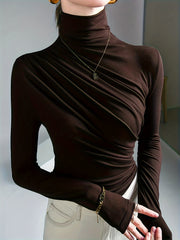 Solid Stylish Ruched Mock Neck Long Sleeve T-Shirt