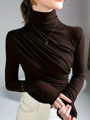 Solid Stylish Ruched Mock Neck Long Sleeve T-Shirt