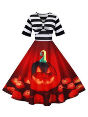 Stripes Print Pumpkin Halloween Dress