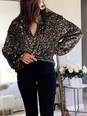 Women's Blouses V-Neck Cardigan Long Sleeve Sequins Blouse