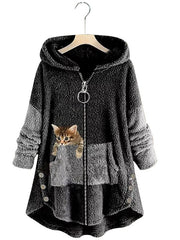 Women's Coats Cute Hooded Zipper Cat Printed Coat