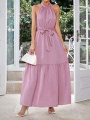 Women's Dresses Casual Neck Hanging Solid Color Waist Closing Maxi Dress