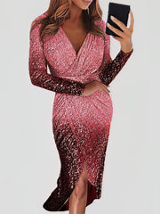 Women's Dresses Gradient Sequined V-Neck Long Sleeve Dress