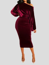 Women's Dresses One Word Collar Suede Puff Long Sleeve Dress