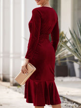 Women's Dresses V-Neck Gold Velvet Ruffled Long Sleeve Dress