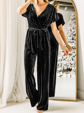 Women's Jumpsuits Pure V-Neck Belted Gold Velvet Jumpsuit