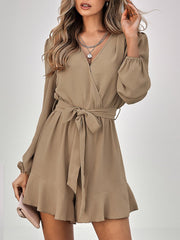 Women's Jumpsuits V-neck Long Sleeve Solid Ruffle Jumpsuit