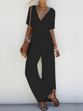 Women's Jumpsuits V-Neck Short Sleeve Belted Wide-Leg Jumpsuit
