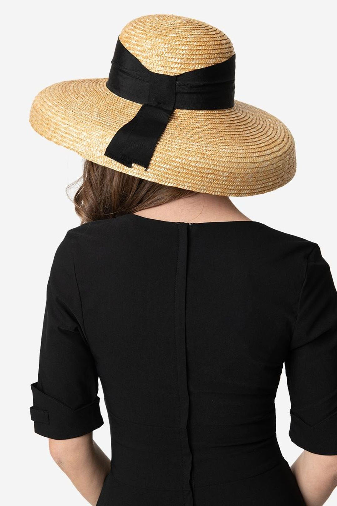 Boho Hat, Straw Hat, Floppy Vintage Hat, Linda White BLack Bow