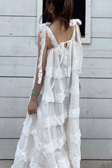 Boho Midi Dress, Strappy Sundress, White Lilac Ruffle Dress