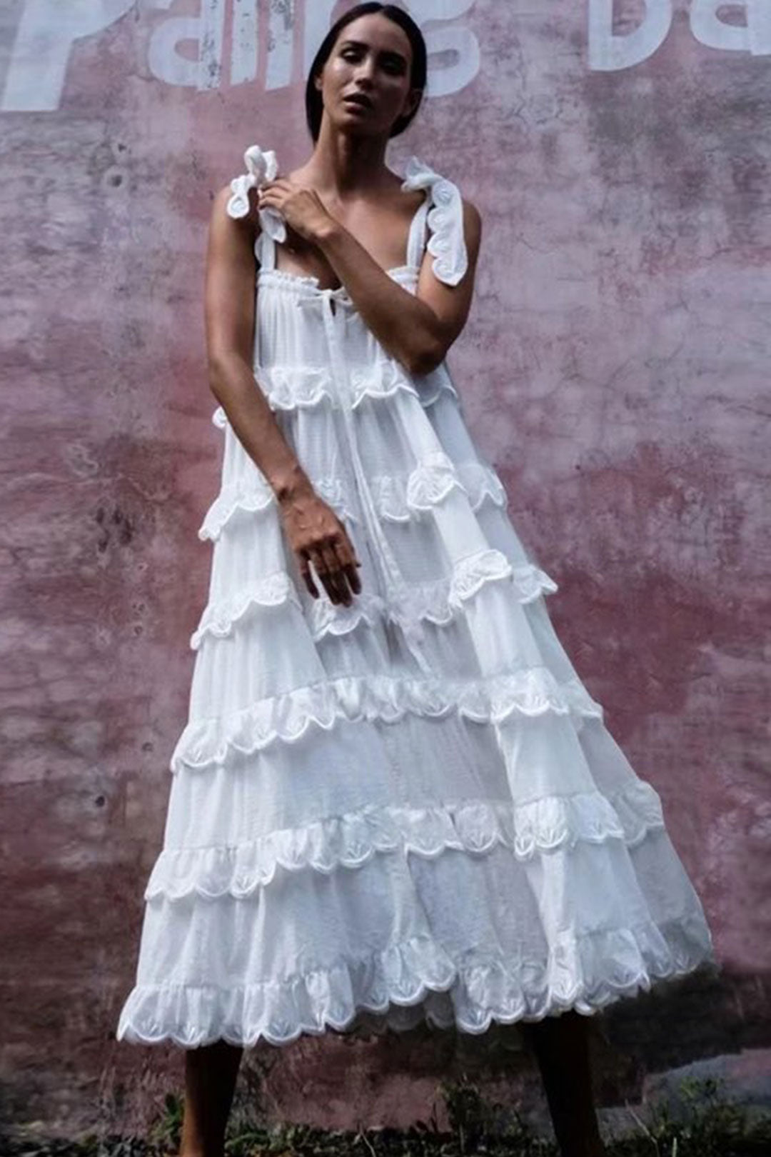 Boho Midi Dress, Strappy Sundress, White Lilac Ruffle Dress