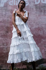 Boho Midi Dress, Strappy Sundress, White Lilac Ruffle Dress