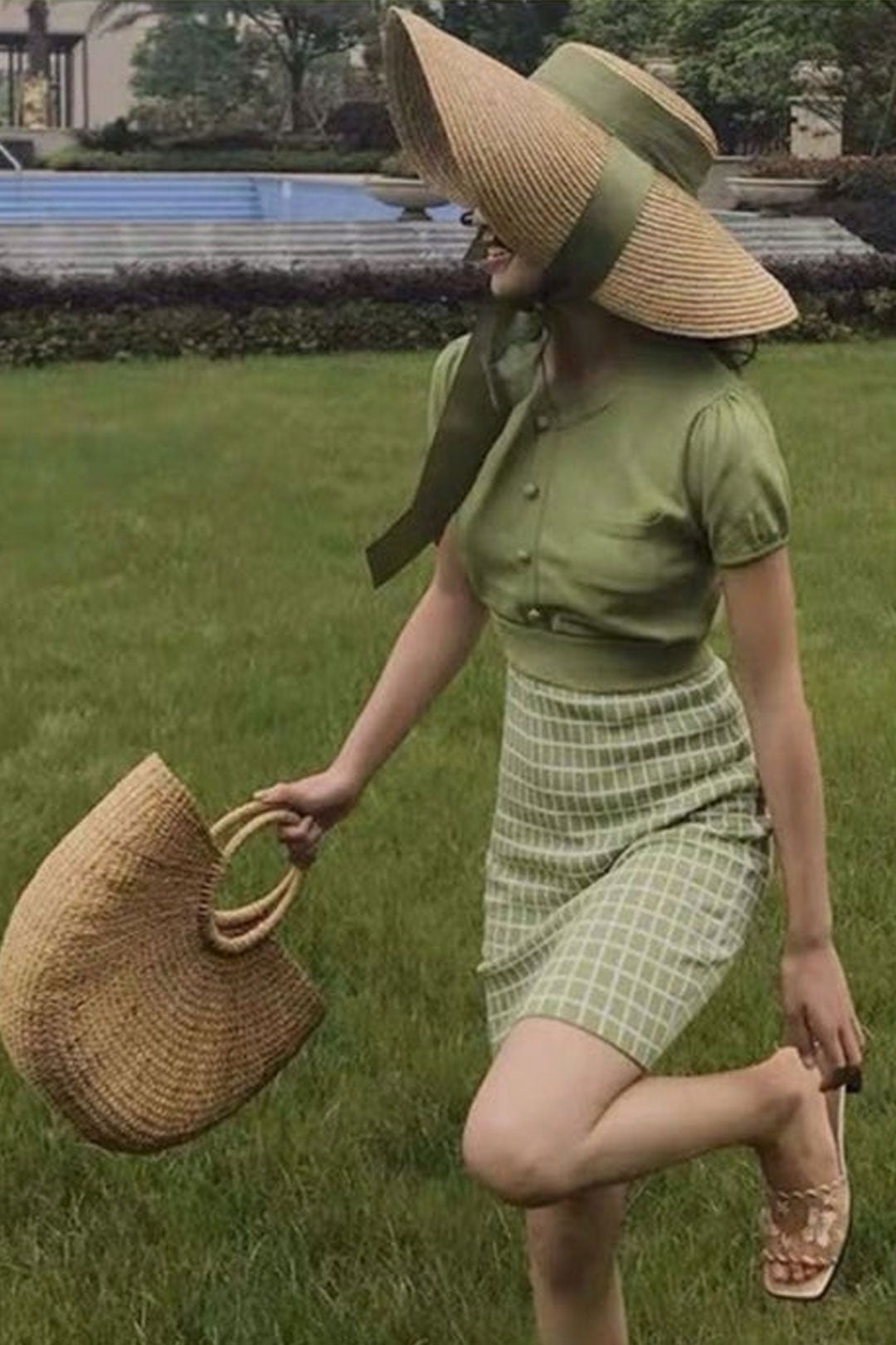 Boho Hat, Sun Hat, Beach Hat, Wide Brim Straw Hat,Green Ribbon