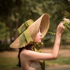 Boho Hat, Sun Hat, Beach Hat, Wide Brim Straw Hat,Green Ribbon