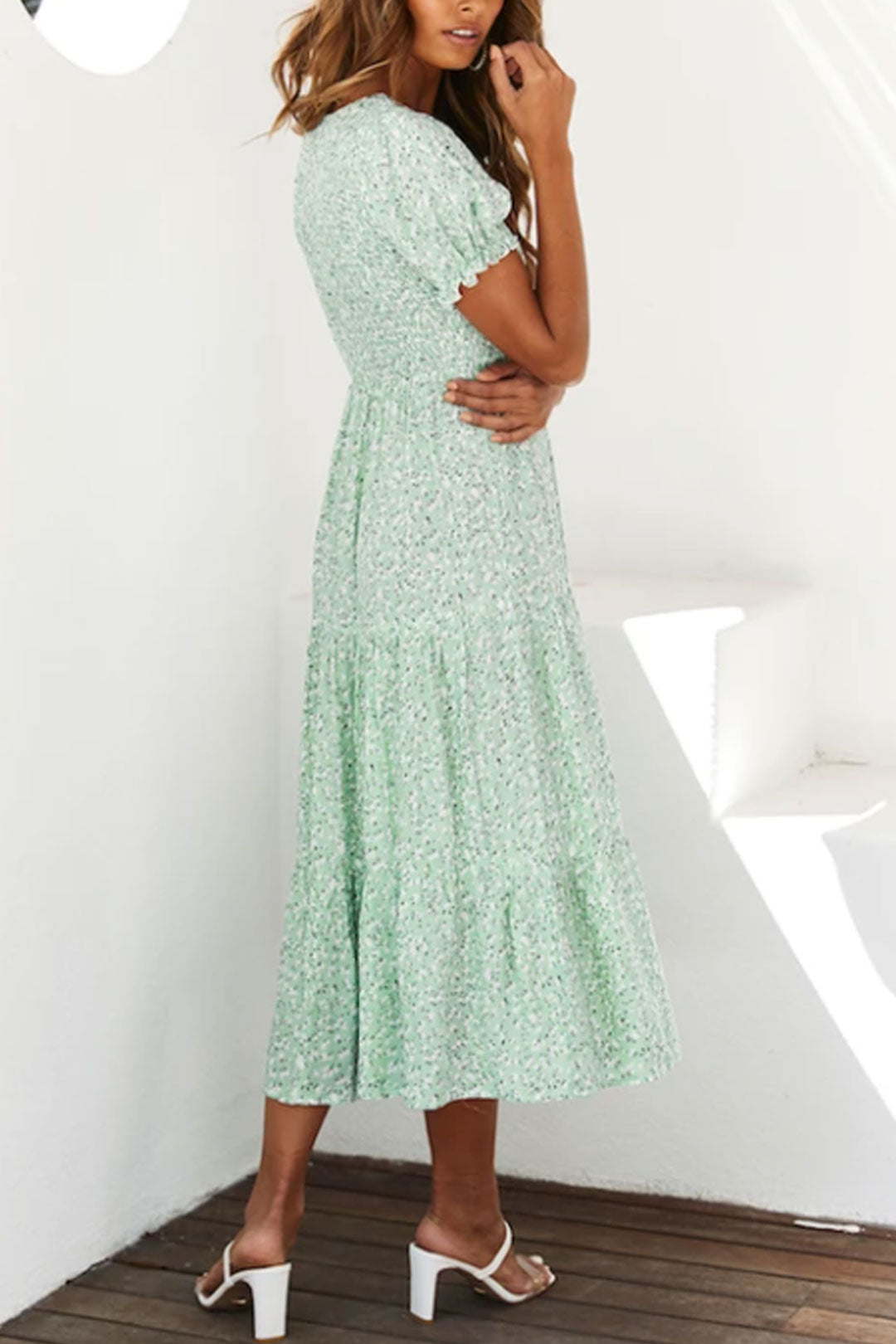 Boho Midi Dress, Off  Shoulder Smocked Dress, Blue Daisy Garden