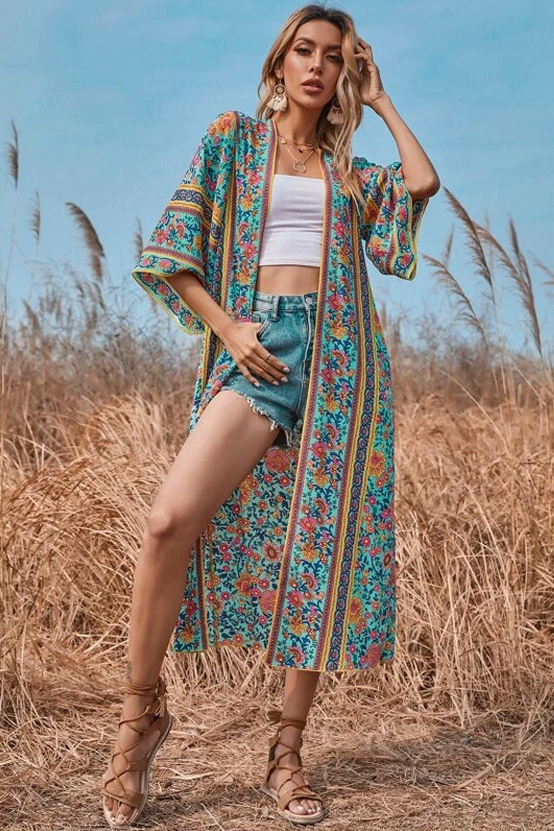 Boho Robe, Kimono Robe,  Beach Cover up, Flower in Blue
