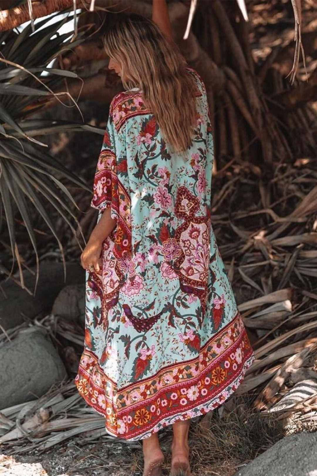 Boho Robe, Kimono Robe,  Beach Cover up, Peony Green Red