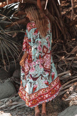 Boho Robe, Kimono Robe,  Beach Cover up, Peony Green Red
