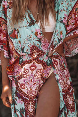 Boho Robe, Kimono Robe,  Beach Cover up, Peony Green Red