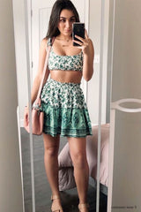 Boho Two Piece Set, Two Piece Skirt Set, Wild Floral in Green