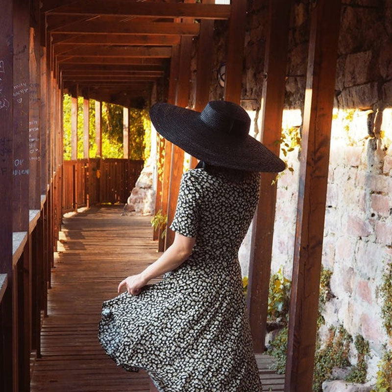 Boho Hat, Sun Hat, Beach Hat, Wide Brim Straw Hat 10-18 cm, Ribbon in Black