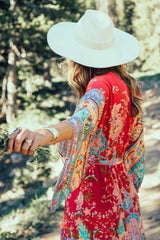 Boho Dress, Kimono Robe Dress, Wild Flower Kelly Red
