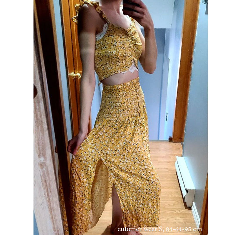 Boho Two Piece Set, Two Piece Pants Set, Wild Floral Daisy Saffron