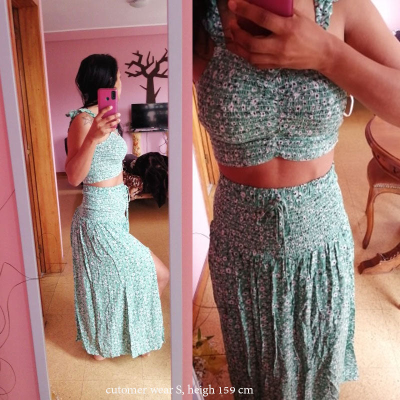 Boho Two Piece Set, Two Piece Pants Set, Wild Floral Daisy Teal Blue