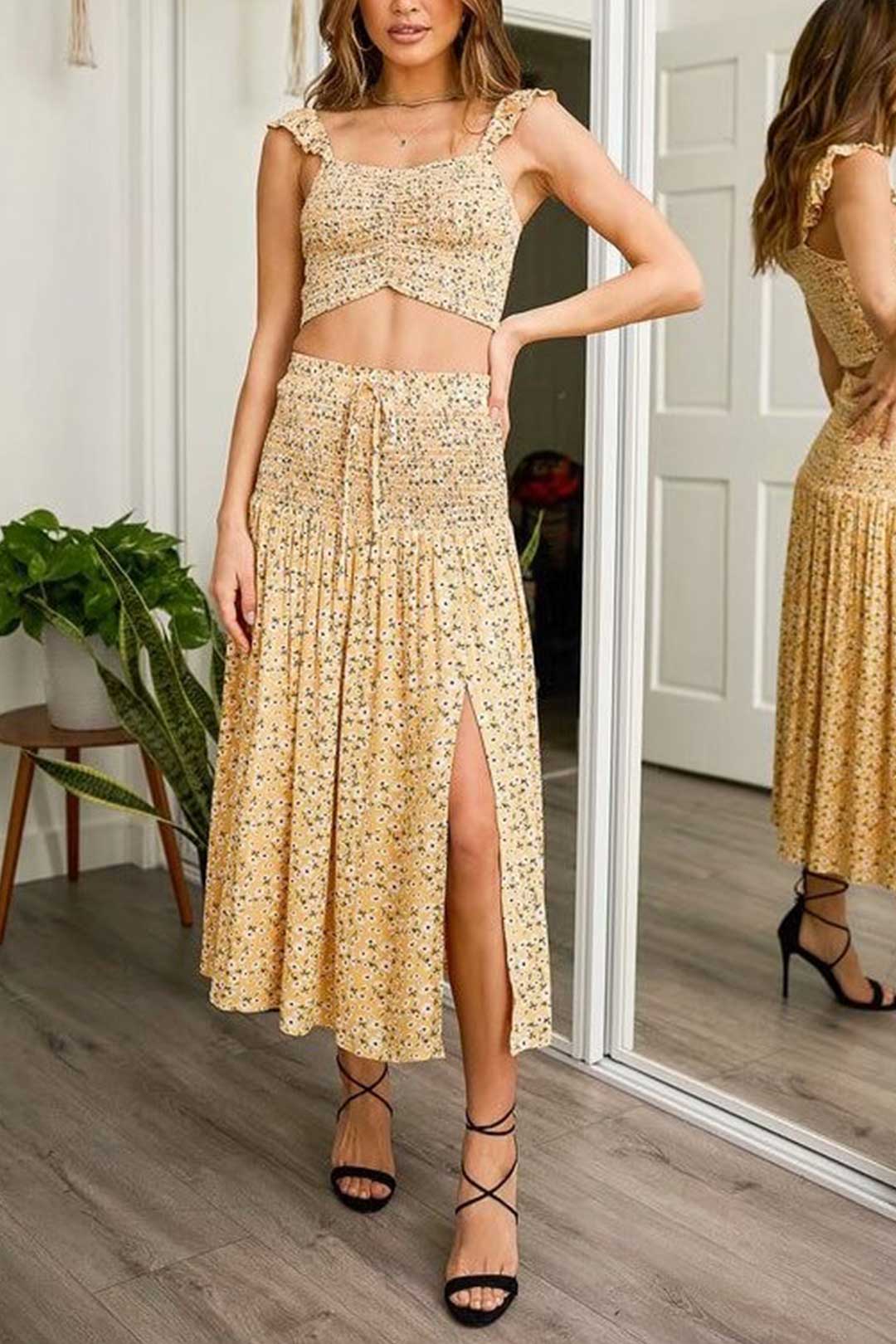 Boho Two Piece Set, Two Piece Pants Set, Wild Floral Daisy Saffron